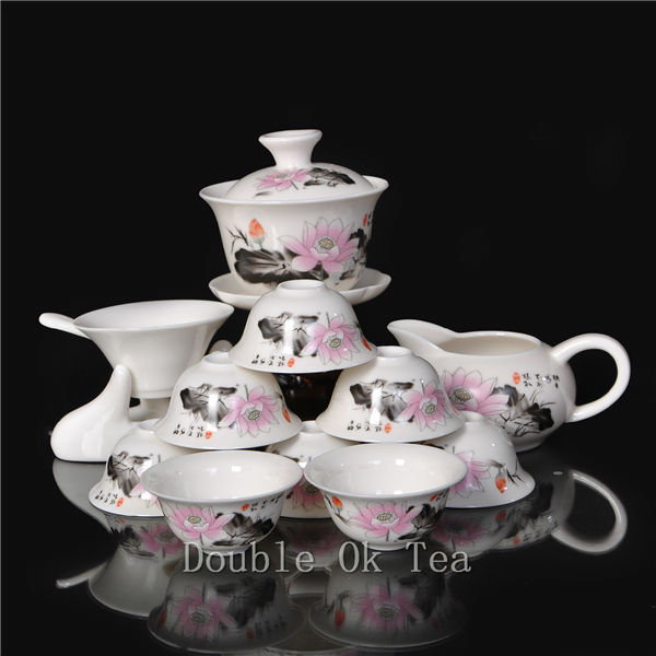 14pcs Chinese Porcelain Gongfu Set For Tea Ceremony 1 Ceramic Gaiwan 8 Bone China Tea Cups