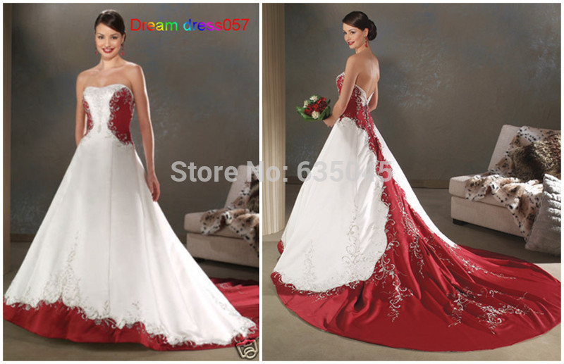 Robe De Mariage Custom made Ivory and Red Embroidery Beading Romantic Strapless A Line Wedding Dress