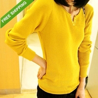2014FREE SHIP autumn women\'s loose sweater female Cable Knit Ivy V-Neck Sweater