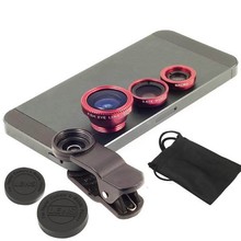Red 3 in 1 Clip On Fish Eye Lens Wide Angle Macro Mobile Phone Lens For