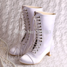 Magic Bride Brand Hot Selling White Ivory Satin Wedding Boots for Bride Lace-Up Low Heel Round Toes Free Shipping