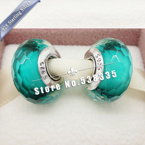 2pcs S925 Sterling Silver Turquoise Teal Murano Faceted Glass Beads Fit European pandora Charm Bracelet necklaces