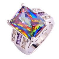 Wholesale Cocktail Mysterious Emerald Cut Rainbow Topaz & White Sapphire 925 Silver Ring Size 7 8 9 10 Cocktail Jewelry Ring