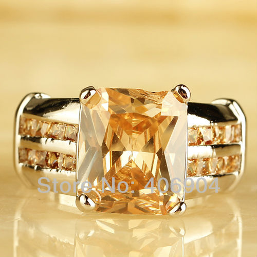 Wholesale AAA Yellow Jewelry Cocktail Emerald Cut Morganite 925 Silver Ring Size 7 Romantic Love Style