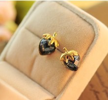 Korean Jewelry 3 Color Full Rhinestone Black Red Blue Pearl Small Peach Heart Love Stud Earring