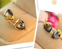 Korean Jewelry 3 Color Full Rhinestone Black Red Blue Pearl Small Peach Heart Love Stud Earring