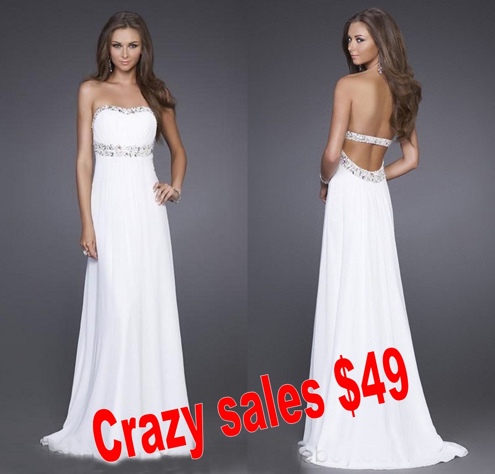 Beach Prom Evening Dress with Beaded Chiffon Sweetheart Open Back Empire White Long dresses In floor