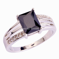 Victorianism Stylish Emerald Cut Black Spinel & White Sapphire 925 Silver Ring Size 6 7 8 9 10 11 12 Wholesale Free Shipping