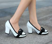 New fashion black and white color block pumps bow thick high-heeled spring and autumn single shoes genuine leather women’s shoes