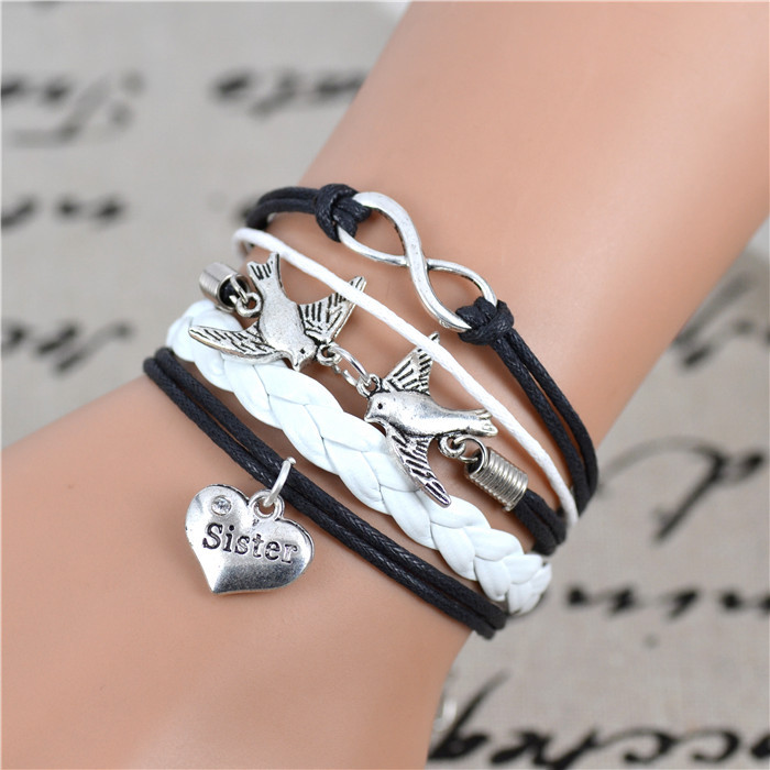 Fashion Infinity Lovely Birds sister Charm Bracelet in Silver Wax cords and imitation Leather Customize friendship
