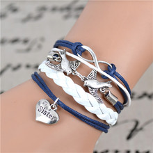 Fashion Infinity Lovely Birds sister Charm Bracelet in Silver Wax cords and imitation Leather Customize friendship