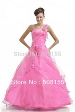 Free Shipping Hot Sale One-shoulder Pink A-line Floor Length Cheap Organza Formal Quinceanera Dress LAQ090