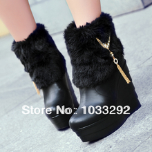 Womens Ladies Fur Furry Pull On High Wedge Heels Winter Warm Snow Boots Shoes black white apricot sizes us4 5 6 7 8 9