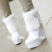 Womens Ladies Fur Furry Pull On High Wedge Heels Winter Warm Snow Boots Shoes black white