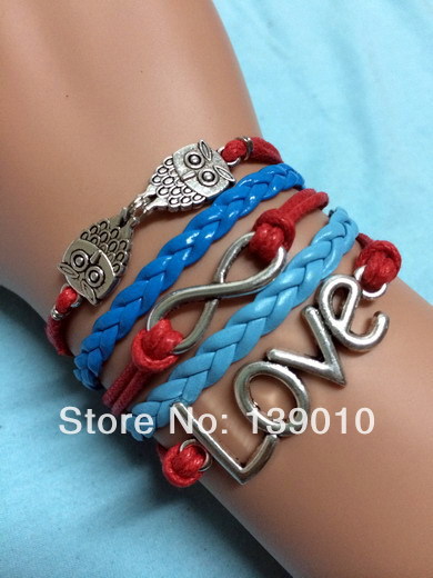 Free Shipping 6PCS LOT Wholesale Cheap Charm Jewelry Antique Silver Blue Red Leather Rope Chain Owl
