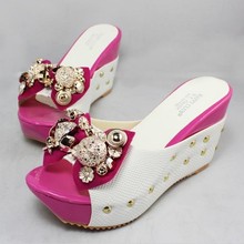 Free shipping Rhinestone beaded bow wedges platform high-heeled slippers drag female sandals shoes