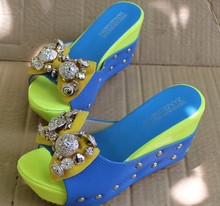Free shipping Rhinestone beaded bow wedges platform high heeled slippers drag female sandals shoes