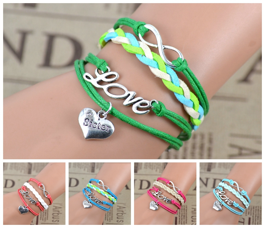 Wedding Sister Bracelet LOVE Heart Infinity Pendant Candy Color Weave Korea Cashmere Sister Bracelet Gift 5