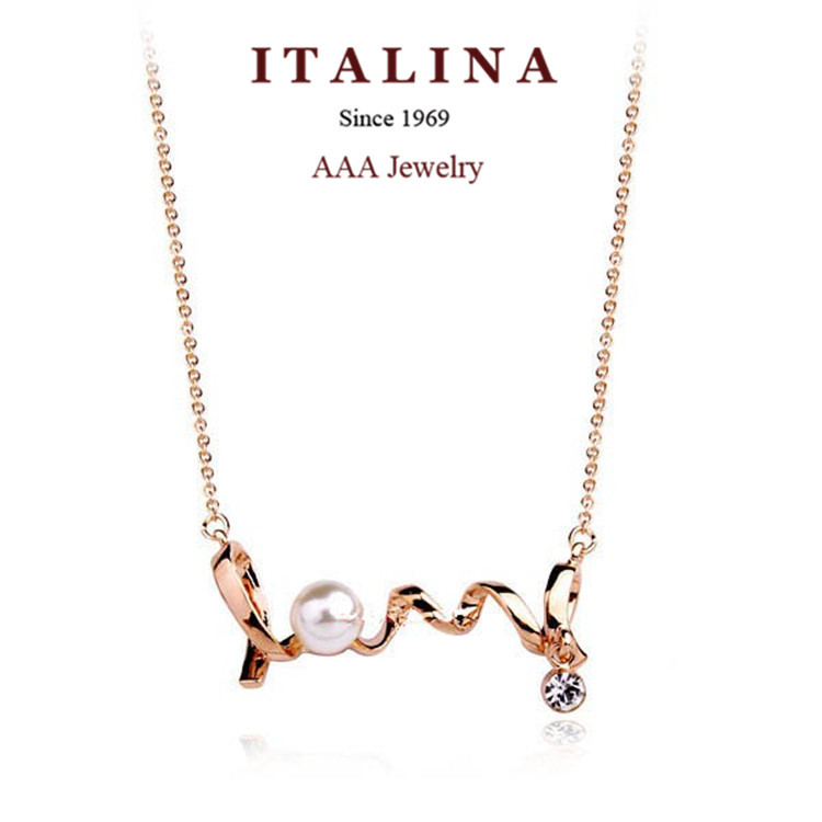 Top Quality Fashion ITALINA Jewelry Rose Gold Plated Exquisite Simulated Pearl Charm Pendant Love Necklace For