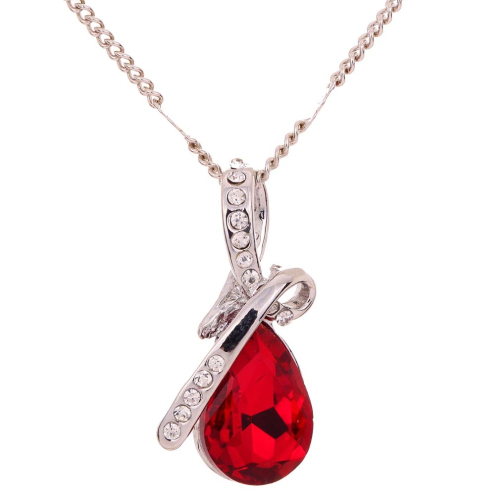 Charming Red Crystal Teardrop Red Crystal Pendant Silvery Necklace Chain Love Gift For Valentine s Day