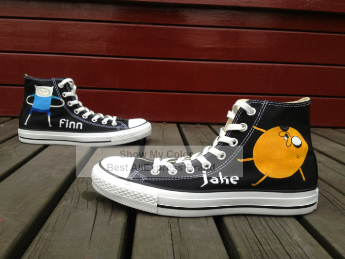 Black Cartoon Shoes Adventure Time Finn Jake Hand Painted High Top Canvas Sneakers