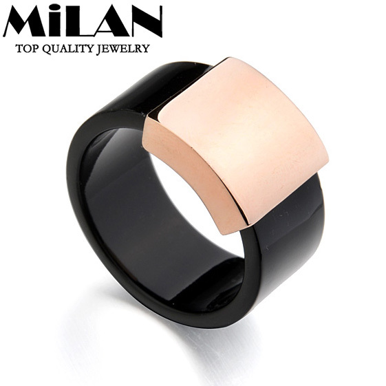 Free Shipping Wholesale Rigant Italina Brand 18K Rose Gold Plated Shiny Side Black Acrylic Rings For