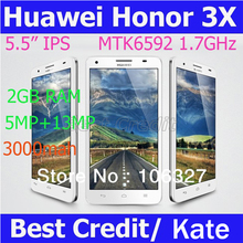 Free shipping 100% original huawei honor 3X MTK6592 Octa core1.7GHz phone 5.5″ IPS Android 4.2 2GB RAM 13MP+5MP WCDMA white/Kate