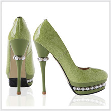 Free shipping ladies genuine leather elegant high heel shoes,14 cm sexy platform party shoes white black  green yellow HS-0090