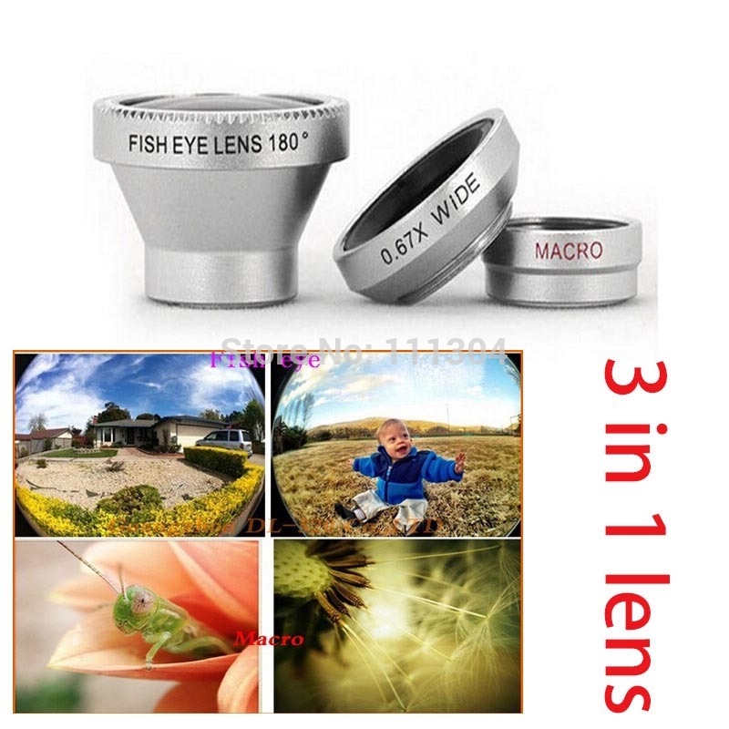 free shipping Magnetic 3 in 1 mobile phone lens 0 67xWide Angle Macro 180 Fish Eye