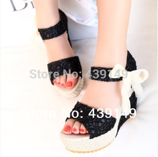 2014 hot summer sandals Roman fish head thick crust muffin spell color bow tie lace slope