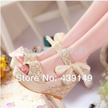 2014 hot summer sandals Roman fish head thick crust muffin spell color bow tie lace slope