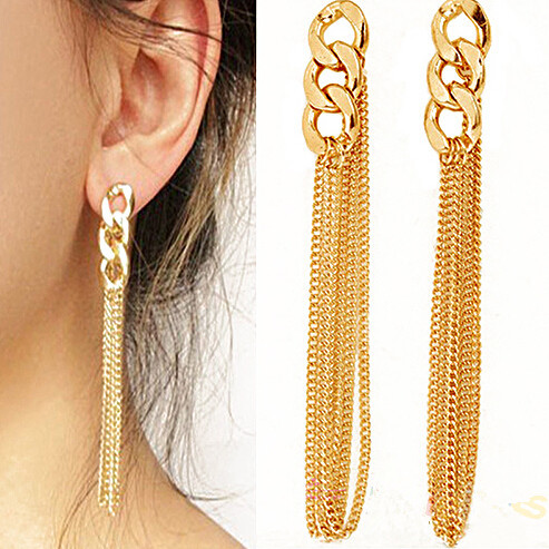 2014 Newest HOT  Retro Women Long Chunky Chain Earrings Fancy Dress Golden Tassel Chain Ear