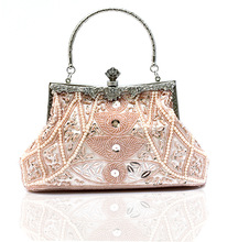 Hot New Women s Evening Bag Exquisite Handmade Beaded Sequined Clutch Retro Flower Pattern Handbag Chain