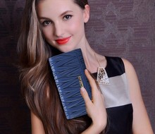Vocofus 2014 fashion medium-long flip pure sheepskin pleated women’s genuine leather wallet