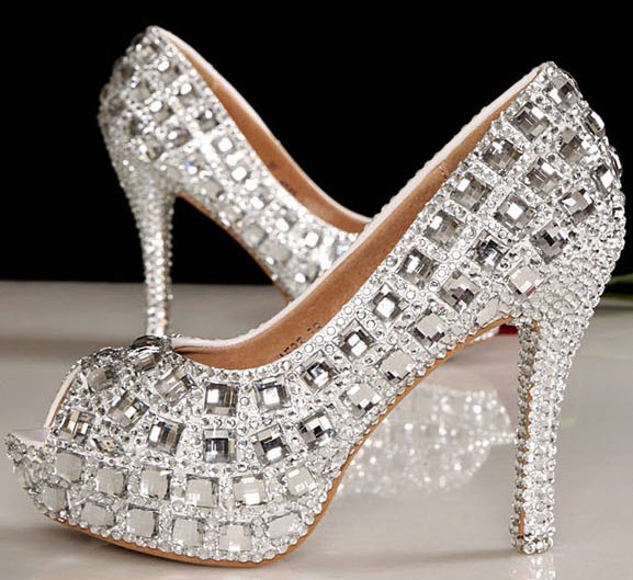 2014 New Fashion Silver Bridal Wedding Shoes Crystal Diamond Women Pumps Platform Peep toe Sexy 12cm