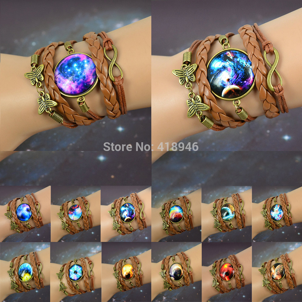 NEW Multilayer Braided Bracelet Bangles Milky Way Galaxy Cabochon Infinity Charms Wristband Cuff Leather Bracelet For