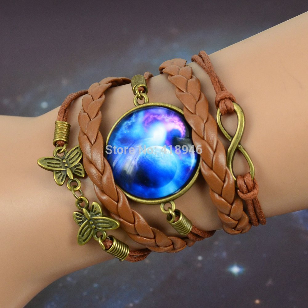 NEW Multilayer Braided Bracelet Bangles Milky Way Galaxy Cabochon Infinity Charms Wristband Cuff Leather Bracelet For