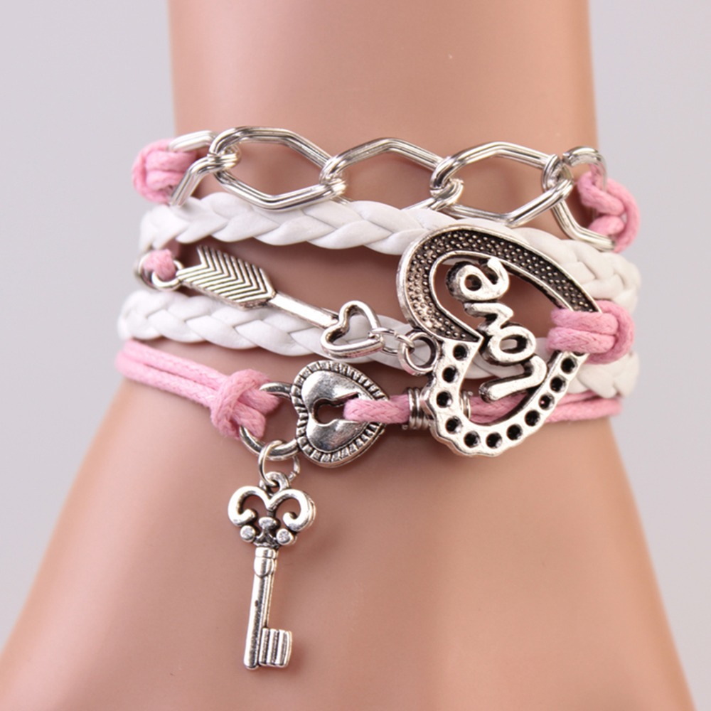 2014 New handmade bracelet lock key Cupid s Arrow Charms Infinity Bracelet white pink leather Braclet