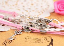 2014 New handmade bracelet lock key Cupid s Arrow Charms Infinity Bracelet white pink leather Braclet