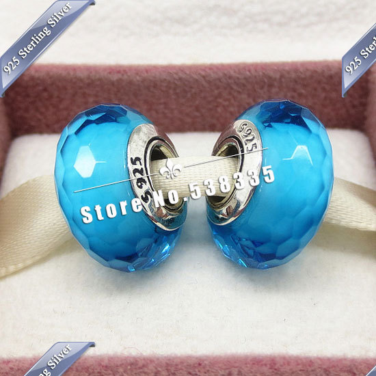 2pcs S925 Sterling Silver Aqua Fascinating Faceted Murano Glass Beads Charm Fit European pandora Bracelet Necklaces