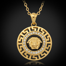 New Classic Vintage Jewelry Lion Head Myth Medusa Pendant Necklace 18K Gold Plated Rhinestone Fashion Jewelry Wholesale  P643
