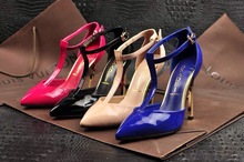 Genuine Leather Women Shoes High Heels T Type Heeled Pointed Round Toe Wedding Party Women High
