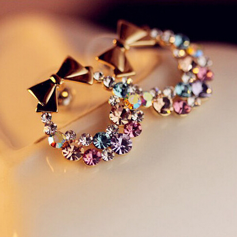 Free Shipping 10 mix order New Fashion Imitation Colorful Rhinestone Bow Earrings E41 Vintage Jewelry