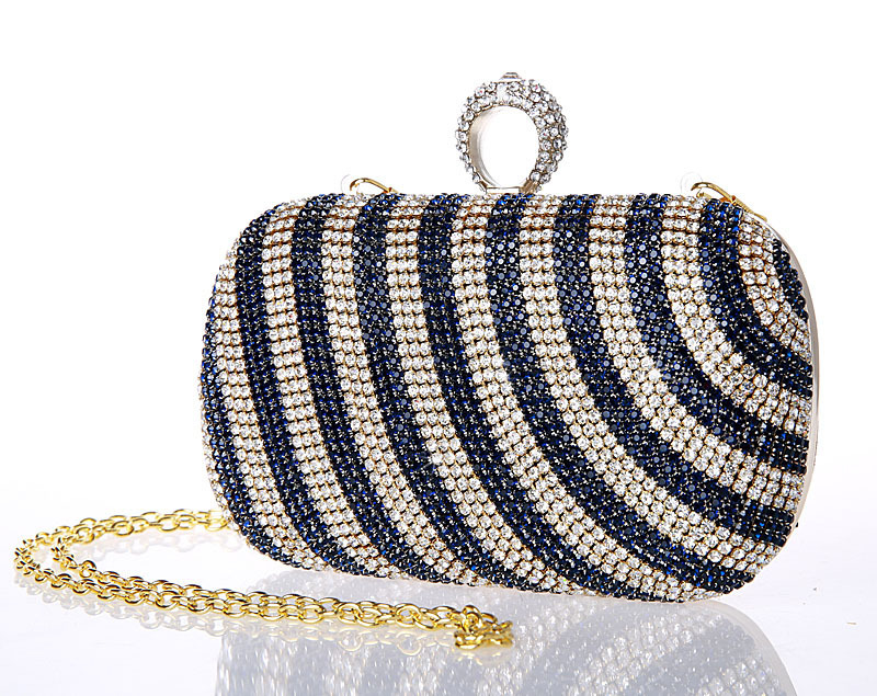 New Wedding Clutches Diamond Stripe Bag Single Side Rhinestone Finger Ring Evening Clutch Purse With Shoulder