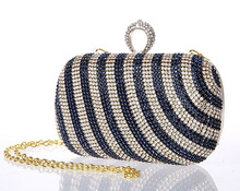100% New Bride Diamond Stripe Bag Single Side High Rhinestone Finger Ring Evening Bags/Purse (With Shoulder Chain) 6Color NO0929