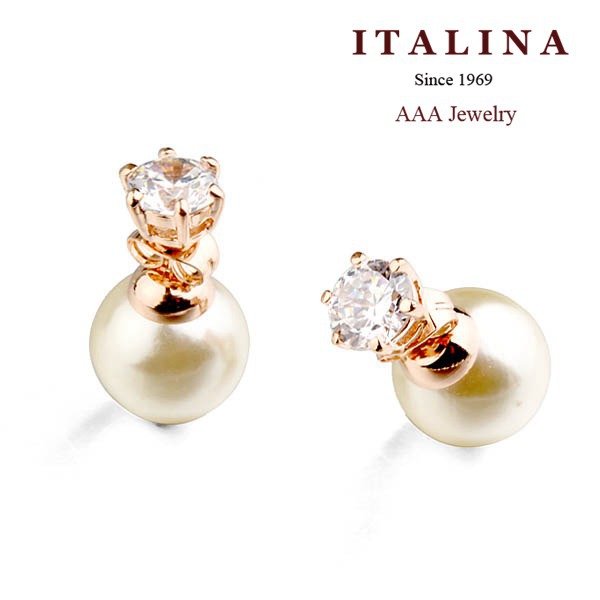 AAA Double Sides Zircon and Pearl Stud Earrings for Girls Gold Plated ITALINA Beads Jewelry