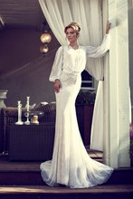 Nurit Hen 2014 New Style Wedding Dresses Mermaid Crew Long Sleeves Lace Appliques Beads Long Lace Chiffon Bridal Gowns
