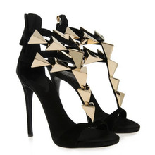 Gold Leaves High Heel Buckle Strap Fashion Women Party Shoes Ladies Summer Plus Size Sandals 2014