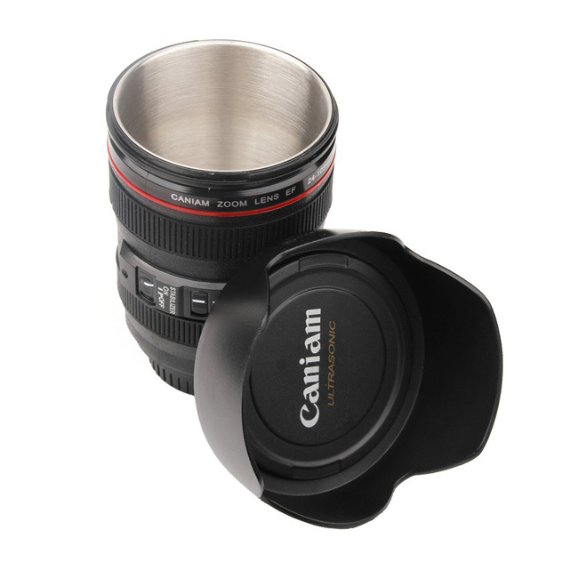 Black Camera Lens Shaped As Canon EF 24-105mm Coffee Mug Cup With Drinking Lid