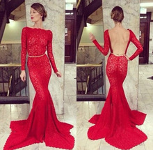 Charming Elegant Sexy Lace Backless Mermaid Evening dresses New Fashion 2014 Red Appliques Long Prom Dresses Free Shipping